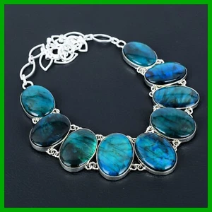 Oval Neon Flash Labradorite Stone Sterling Silver Chain Wedding Necklace Jewelry - Picture 1 of 6