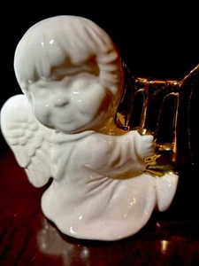 White Ceramic Cherub Angel Holding Golden Harp Figurine 5.25” X 5”Adorable Piece - Picture 1 of 11