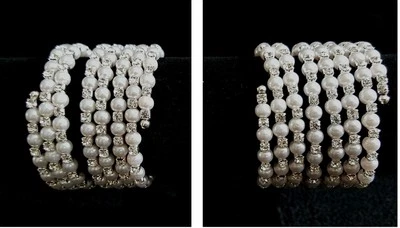 Hochzeit Armband Armreif Kunstperlen Armschmuck silber-Weiß dehnbar 3 5 reihig - Bild 1 von 3