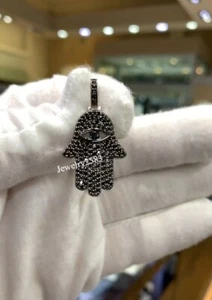Religious Jewelry In Black Real Moissanite Hamsa Hand Pendant For Him 925 Silver - Picture 1 of 6