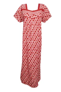 Boho Red,Pink Maxi Kaftan Polka Dot Cotton Cap Sleeves Nightgown Housedress L