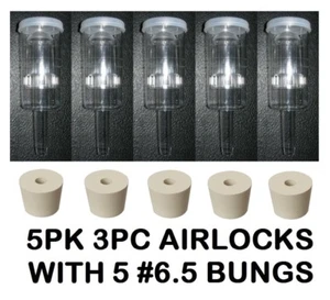 AIRLOCKS 5 3 PIEZAS + 6,5 BUNGS DE GOMA CERRADURA DE AIRE FERMENTACIÓN DE ALTA CALIDAD PARA VINO DE CERVEZA - Imagen 1 de 9