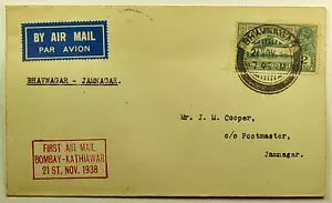 1938 India First Flight Airmail Cover Bombay to Kathiawar Airmail Cover - Picture 1 of 2