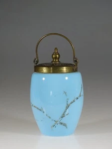 Victorian Czech Blue Milk Glass Condiment Jar with Brass Lid c.1890 - Picture 1 of 6