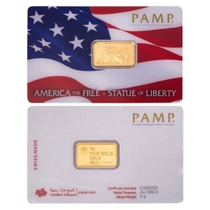 America the Free - Statue of Liberty 5g .9999 Gold Bar - PAMP Suisse - Picture 1 of 3