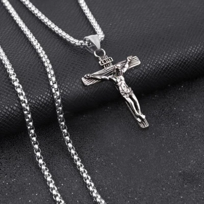 Men Stainless Steel Jesus Christ Crucifix Cross Pendant Chain Necklace - Image 1 of 4