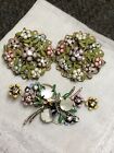 Vintage 1940’s Enamel Rhinestone Faux Pearl Floral Motif Earrings And Brooch Set
