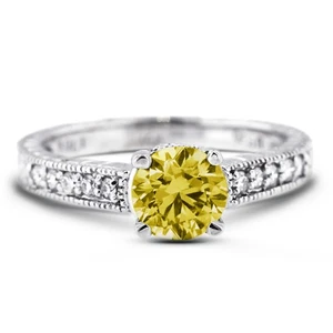 3/4ct Yellow VS2 Round Natural Diamonds 14k Vintage Style Side Stone Ring - Picture 1 of 10