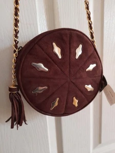 NOS NWT Suede Round Brown Shoulder Bag Chain Strap Tassel Vintage 1980s 90s Boho - Picture 1 of 24