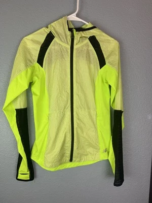 New Balance Running Jacket Small Yellow Black Hooded Reflective Zip Thumbholes S - Image 1 of 4