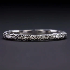 14k WHITE GOLD VINTAGE STYLE WEDDING BAND STACKING RING ENGRAVED FLORAL ART DECO - Picture 1 of 4