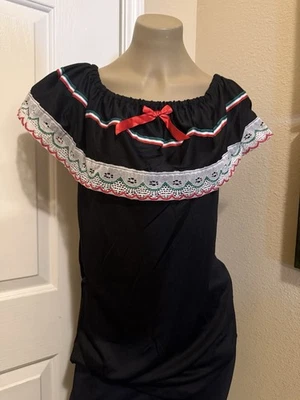 Black Mexican Folkloric Women Size M/L Off-Shoulder Ruffle Top Lace Red Ribbon - Image 1 of 2