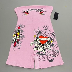 Ed Hardy Love Kills Slowly Pink Ribbed Strampler XL Neu mit Etikett Tattoo Grafik Y2K Short - Bild 1 von 15