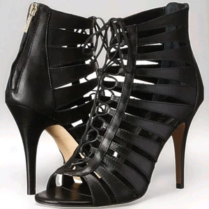 Ivanka Trump Heels Sz 6.5 Mackley Black Leather peep toe booties NEW In BOX - Picture 1 of 9