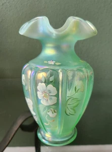 FENTON Art Glass Seafoam Willow Green Opalescent Floral 6.75 VASE M. Young #660 - Picture 1 of 6
