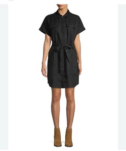 Lord & Taylor 100% Linen Waist Tie Short Sleeve Shirtdress Sz S In Black Career - Picture 1 of 11