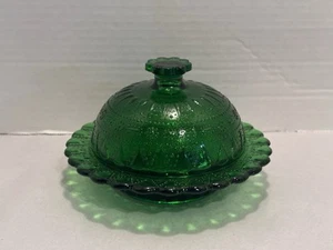 VTG Kemple Wheaton Green Glass Lace & Dew Drop Butter Cheese Dish Covered Lidded - Picture 1 of 11