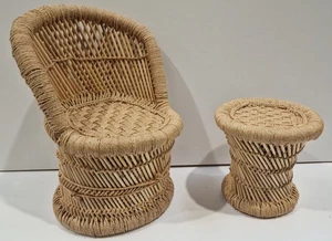 Handmade Natural Rattan Chair & Table Set 57cm Boho Kids Furniture Home Decor - Picture 1 of 5