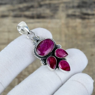 Kashmir Ruby Lab-Created 925 Sterling Silver Handmade Jewelry Pendant Love Gift - Image 1 of 4