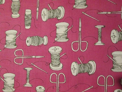 THREAD SCISSORS SEWING ITEMS BURGUNDY COTTON FABRIC FQ - Image 1 of 4