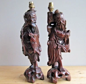Pair of Japanese Carved Wood Figures - Antique / Vintage Table Lamps  - Picture 1 of 12