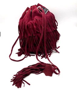 Wilsons Boho Hippie Suede Fringed Tassel Drawstring Bucket Bag Plum Leather - Afbeelding 1 van 6