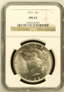 1922 Peace Silver Dollar NGC MS63 Free Shipping Actual coin shown(510) - Picture 1 of 2