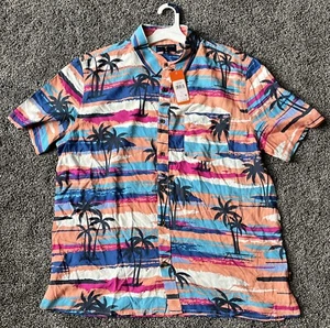 Margaritaville Shirt Mens Large Pink Button Up Palms Colorful Hawaiian Tiki - Picture 1 of 3