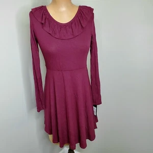 Art Class Girls' Rib Ruffle Neck Long Sleeve Dress - Maroon - Size: Large - Picture 1 of 3