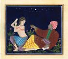 Peinture miniature indienne un couple amoureux scène art dans la lune lumière sur tissu de soie