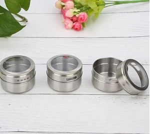 6 Pcs Magnetic Spice Tin Jar Set- Stainless Steel Rack Condiment Box Clear Lid - Picture 1 of 8