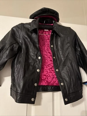 Chaqueta y sombrero de cuero para niñas Gymboree XX-grande 7 años negro con forro fucsia Foto 1 de 4