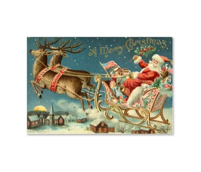 Vintage 1906 Santa Sleigh Christmas Poster – Antique Holiday Postcard Art Print - Image 1 of 4