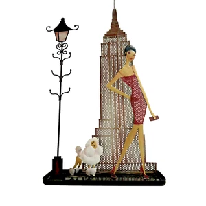 NYC Empire State Building Mesh Metal Jewellery Stand Holder Girl Walking Poodle - Picture 1 of 11