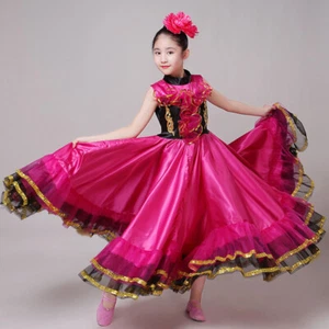 Girls Flamenco Dancer Costume Gypsy Spanish Folklorico Performance Satin Dress - Picture 1 of 7