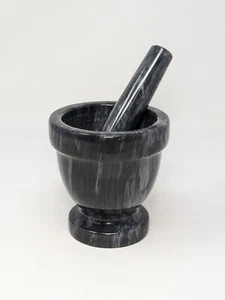 Black And Gray Marble Mortar Pestle Herb Grinder  - Picture 1 of 10