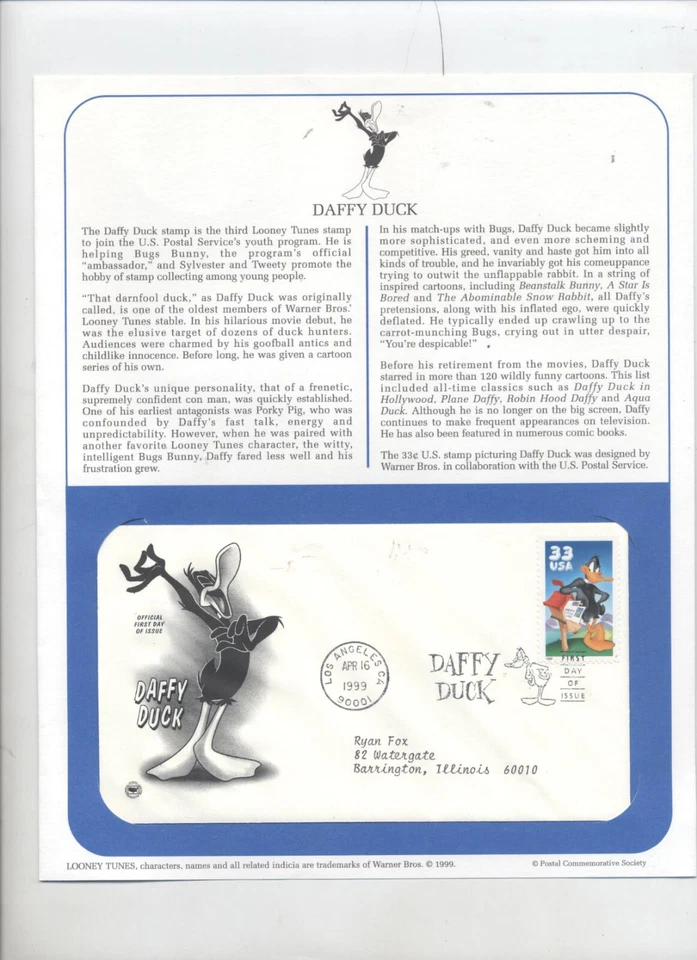 DAFFY DUCK  First Day Of Issue  APRIL 16 1999  LOONEY TUNES - Image 1 of 1