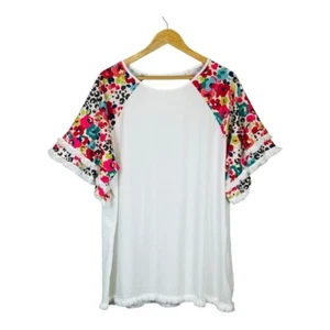 Ruffled Short Sleeve Floral Paneled Print Tassel Tee Women Plus Size 2XL - Picture 1 of 6