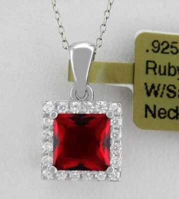 LAB CREATED RUBY & WHITE SAPPHIRES PENDANT NECKLACE .925 SILVER - New With Tag - Image 1 of 3
