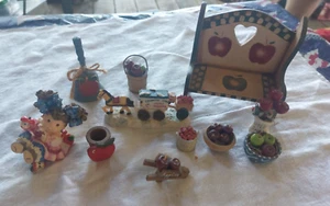 Apple Wood /porcelain Miniatures-teacher, apple basket, apple bowls, bench, bell - Picture 1 of 11