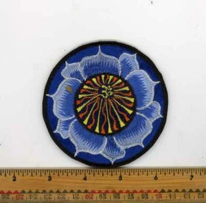 Embroidered Yellow Om Sun rays Fancy Blue Lotus Patch Fair Trade Nepal 3" Round - Picture 1 of 5