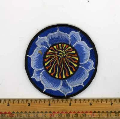 Embroidered Yellow Om Sun rays Fancy Blue Lotus Patch Fair Trade Nepal 3" Round - Image 1 of 4