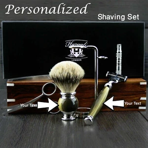 Traje Grabado Personalizado Hombre Afeitado Set Con Cuchilla, Tejón Cepillo, Pie - Picture 1 of 5