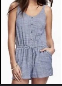 OLD NAVY blue gingham Romper with pockets womens Size SP - Picture 1 of 8