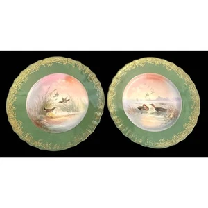 Antique 1925 Set of 2 Limoges Porcelain Bird Plates Signed J. Martin Green Gold - Picture 1 of 5