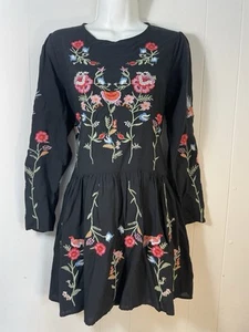 R Vivimos Womens Floral Embroidered Gathered Dress Black 8 10 Boho Long Sleeve - Picture 1 of 5