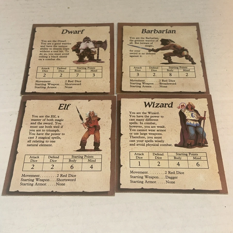 HEROQUEST 游戏替换全套 4 张英雄卡 1990 年 D&D 角色扮演 A2 — 第 1/4 张图片
