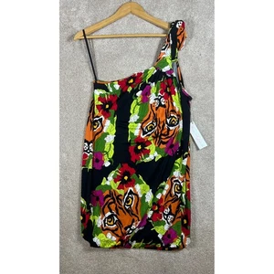 NUEVO CON ETIQUETAS MARA HOFFMAN Seda Jersey Asimétrico Mini Vestido Negro Estampado Tigre M - Imagen 1 de 11