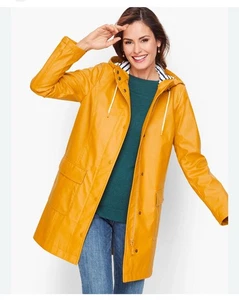 Talbots Jacket Womens Medium Yellow Hooded Raincoat Nautical Striped Lined Coat - Picture 1 of 7