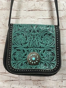 Bolso de Mano Trinity Ranch Tooled Cuero Negro y Turquesa Adornado Bandolera - Imagen 1 de 14